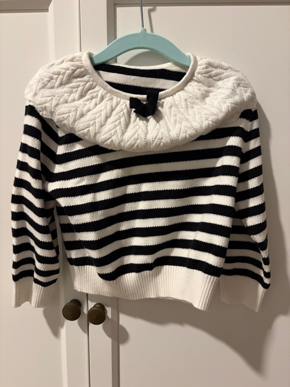 SHEIN Black & White Striped Kids Sweater with Quilted White Collar and Bow
